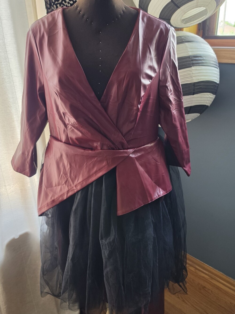 XPlusWear Dress Burgundy With Faux Leather And Black Tulle